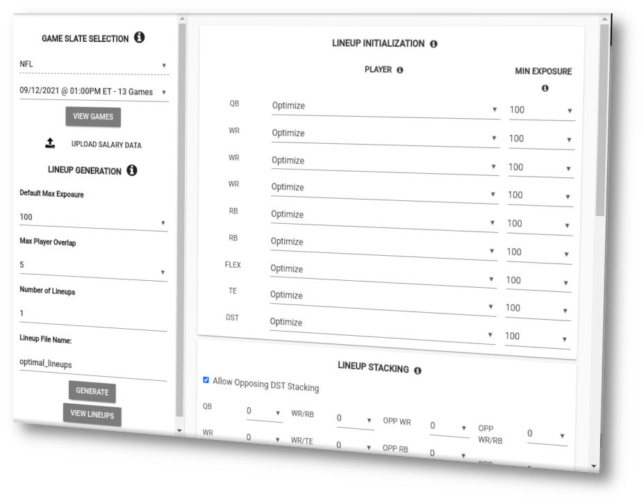 NFL DFS Lineup Optimizer (Generate Up To 500 Lineups)